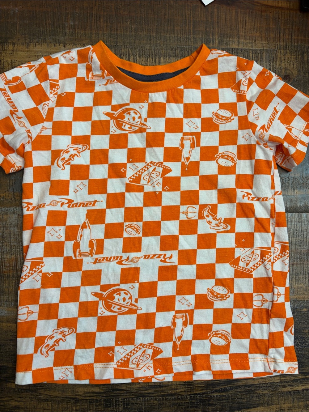 Toy Story - PIZZA Planet-Kids Orange & White Checkerboard Short Sleeve Tee